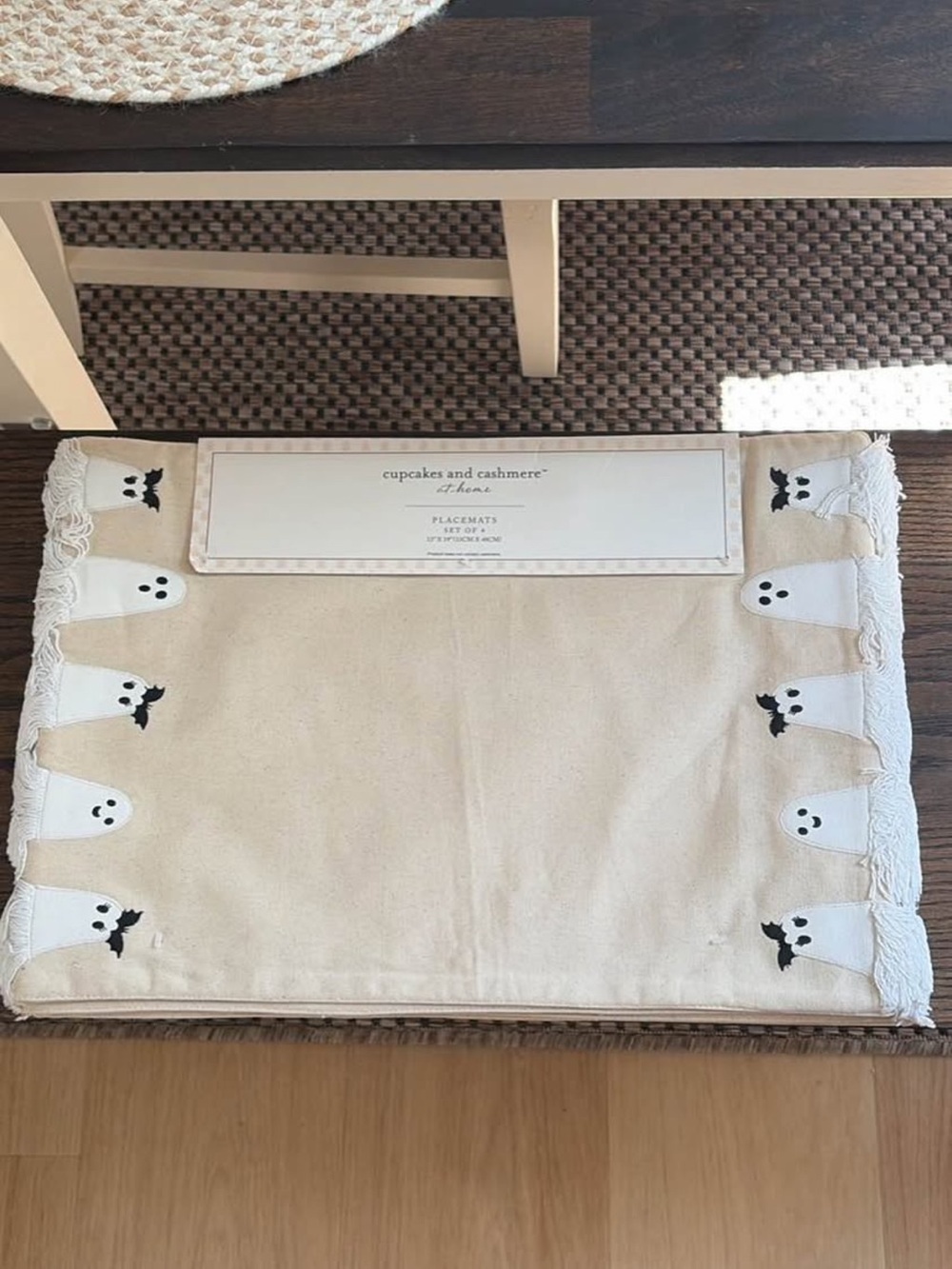 Four cupcakes & cashmere Beige Placemats with White and Black Ghost Accents